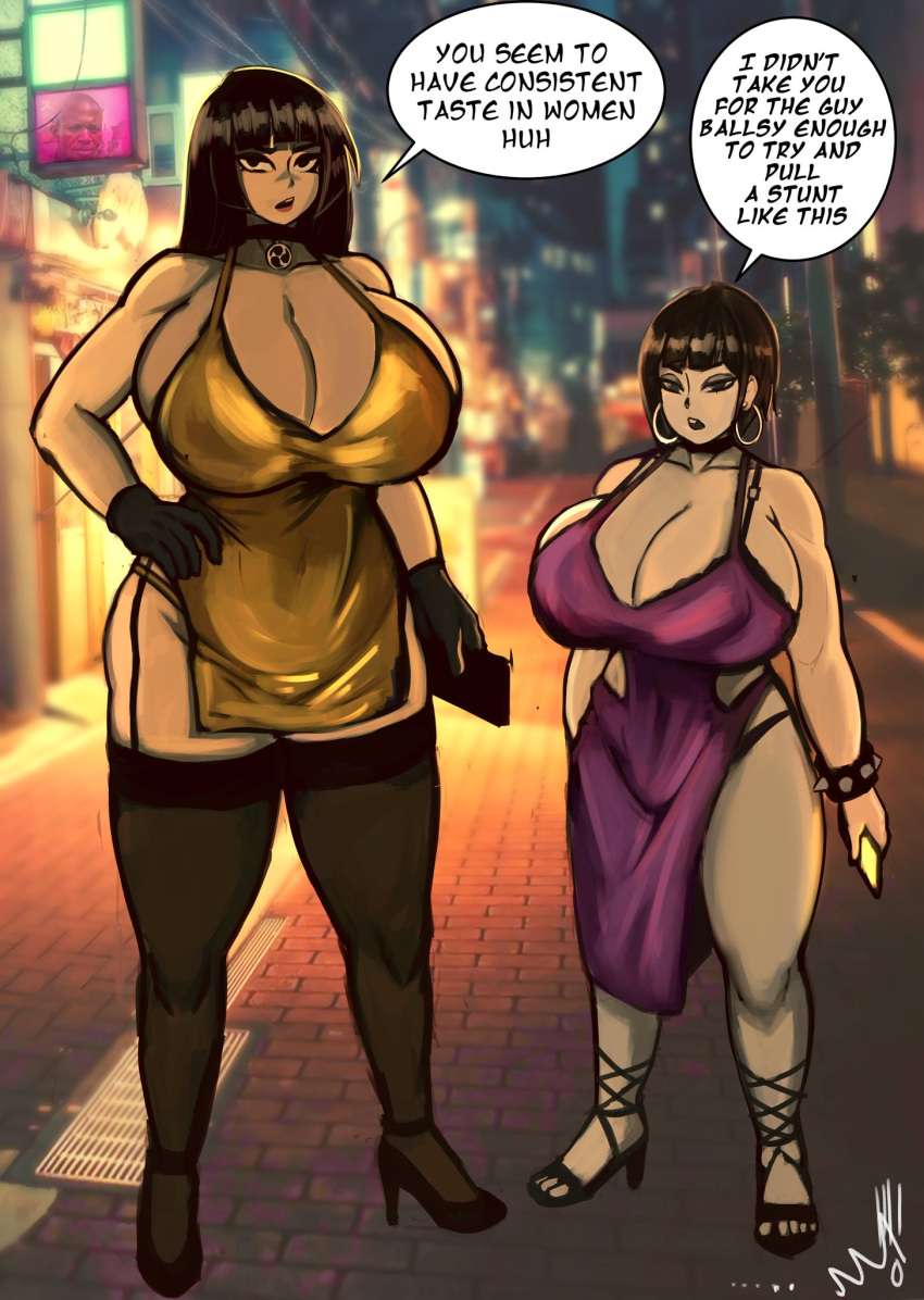 2girls accessory black_hair date dress earrings female female_only goth_(booruguru) high_heels huge_breasts long_hair original_character shion_(tinboryte_oc) shortstack text thick_thighs tinboryte