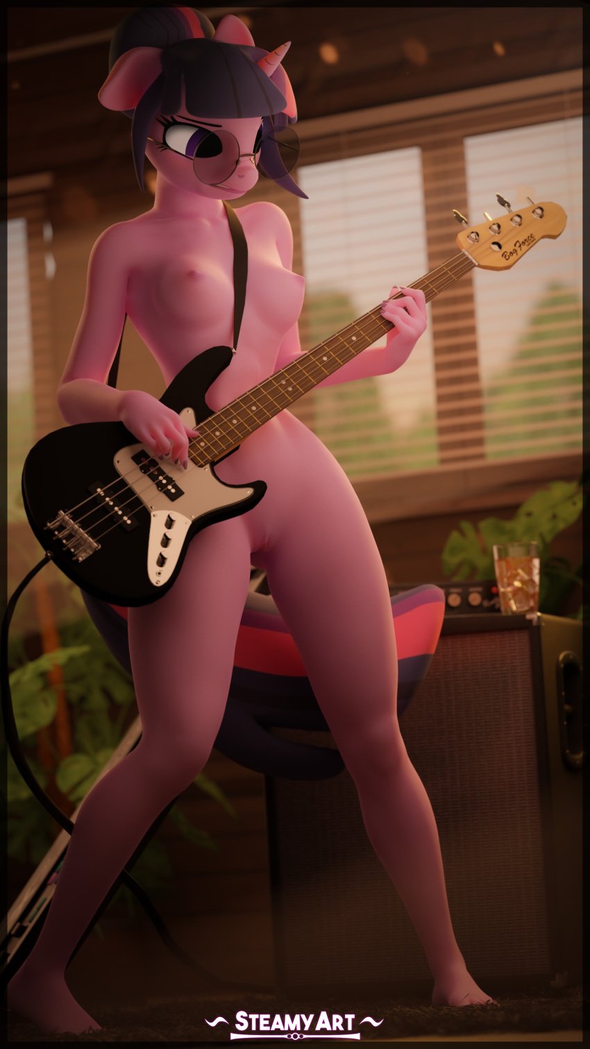 3d_(artwork) absurd_res anthro anthrofied biped breasts digital_media_(artwork) equid equine eyewear female friendship_is_magic genitals hasbro hi_res holding_guitar horn mammal my_little_pony nipples nude pussy solo standing steamyart sunglasses twilight_sparkle_(mlp) unicorn wide_hips