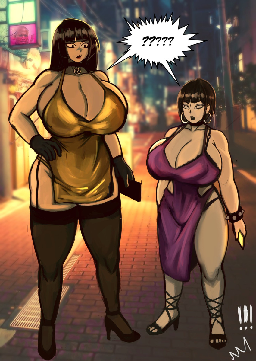 2girls accessory black_hair date dress earrings female female_only goth_(booruguru) hey_hey_people high_heels huge_breasts long_hair original_character shion_(tinboryte_oc) shortstack ssethtzeentach text thick_thighs tinboryte