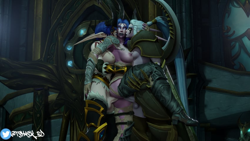 1girls 2futas 3d 3d_(artwork) anal anal_sex blizzard_entertainment double_penetration futa_on_female futanari looking_at_viewer maiev_shadowsong night_elf original original_character partially_clothed standing standing_sex tshask vaginal_penetration world_of_warcraft