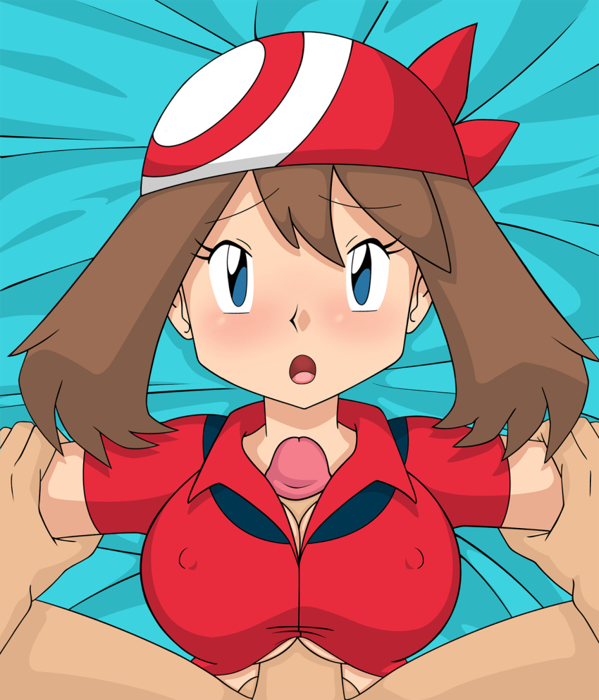 1girls alternate_breast_size big_breasts breasts clothed may_(pokemon) nowhereman paizuri paizuri_lead_by_male partial_male penis pokemon pokemon_rse straddling straddling_paizuri straight