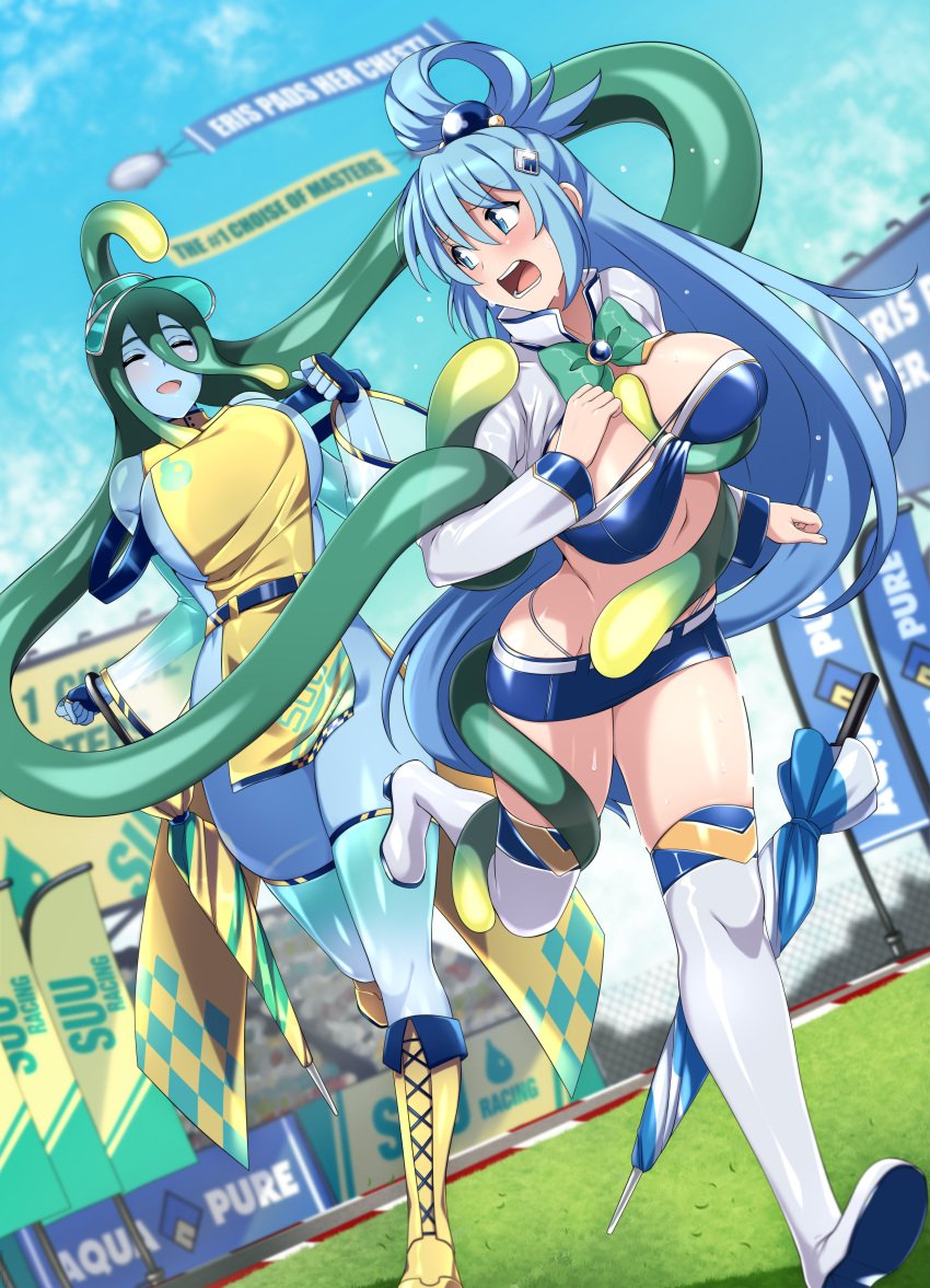 2girls aqua_(konosuba) armwear big_breasts blue_hair bra breasts cleavage clothed clothes clothing crossover dress duo elbow_gloves female female_only kono_subarashii_sekai_ni_shukufuku_wo! large_breasts legwear lindaroze long_hair midriff monster_girl monster_musume_no_iru_nichijou running sideboob skirt slime slime_girl slime_hair slime_tentacle suu_(monster_musume) sweat tentacle tentacle_hair tentacles thick_thighs thighhighs thighs