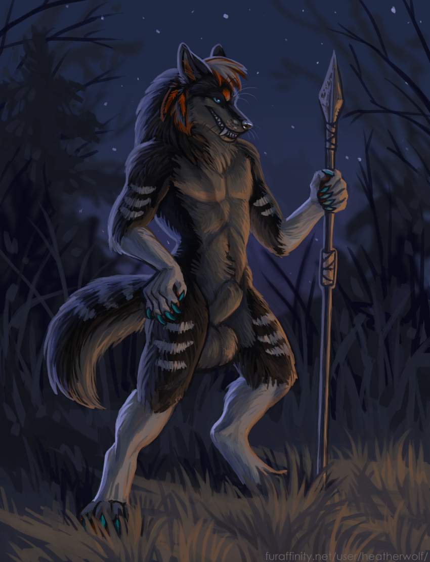 1boy 2022 absurd_res accessory animal_genitalia athoswolf1337 ball balls belly big_balls big_sheath black_body black_fur black_nose blue_claws blue_eyes canid canine canis claws detailed detailed_background detailed_fur digital_media_(artwork) digitigrade dominant eyebrows fangs feather_in_hair feathers forest forest_background fur genitals gloves_(marking) grass grey_balls grey_belly grey_body grey_fur grey_sheath grin hair hair_accessory hand_on_hip heatherwolf hi_res looking_at_viewer male male_only mammal markings melee_weapon multicolored_body multicolored_ears multicolored_fur multicolored_hair multicolored_tail muscular muscular_male nature nature_background neck_tuft nude orange_body orange_eyebrows orange_fur orange_pawpads pawpads plant polearm pose seductive shaded sheath smile solo spear standing stripes teeth text tree tribal tuft url watermark weapon were werecanid werecanine werewolf whiskers white_body white_fur white_stripes