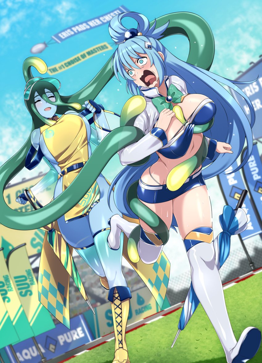 2girls aqua_(konosuba) armwear big_breasts blue_hair bra breasts cleavage clothed clothes clothing crossover dress duo elbow_gloves female female_only kono_subarashii_sekai_ni_shukufuku_wo! large_breasts legwear lindaroze long_hair midriff monster_girl monster_musume_no_iru_nichijou running screaming sideboob skirt slime slime_girl slime_hair slime_tentacle suu_(monster_musume) sweat tentacle tentacle_hair tentacles thick_thighs thighhighs thighs