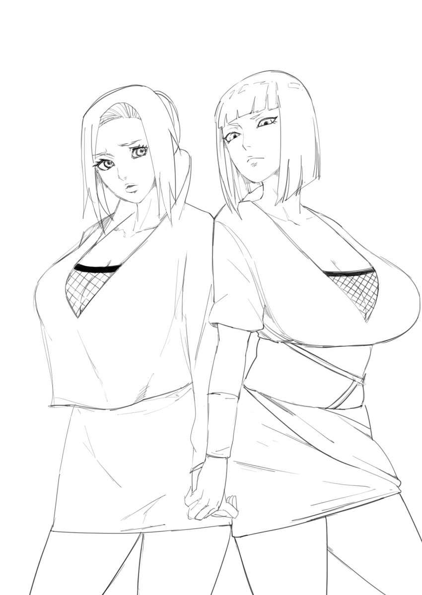 2girls big_breasts blunt_bangs bob_cut breasts busty dress female female_only fully_clothed hair_bun huge_breasts implied_yuri kunoichi large_breasts long_hair looking_at_viewer mabui mature mature_female monochrome multiple_girls naruto naruto_(series) naruto_shippuden ninja no_bra samui short_hair tied_hair voluptuous xshuai