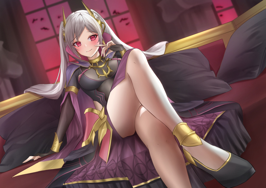 1girls alternate_costume blush breasts bridal_gauntlets cleavage cloak corruption couch crossed_legs cushion dark_persona fire_emblem fire_emblem_awakening fire_emblem_heroes glowing_eyes gold_trim grima_(fire_emblem) hair_ornament hand_to_own_mouth long_hair medium_breasts nintendo official_alternate_costume on_couch possessed possession red_eyes robin_(female)_(fell_tactician)_(fire_emblem) robin_(fire_emblem) robin_(fire_emblem)_(female) see-through shizukugu03 sitting smile solo solo_female thighs twintails white_hair