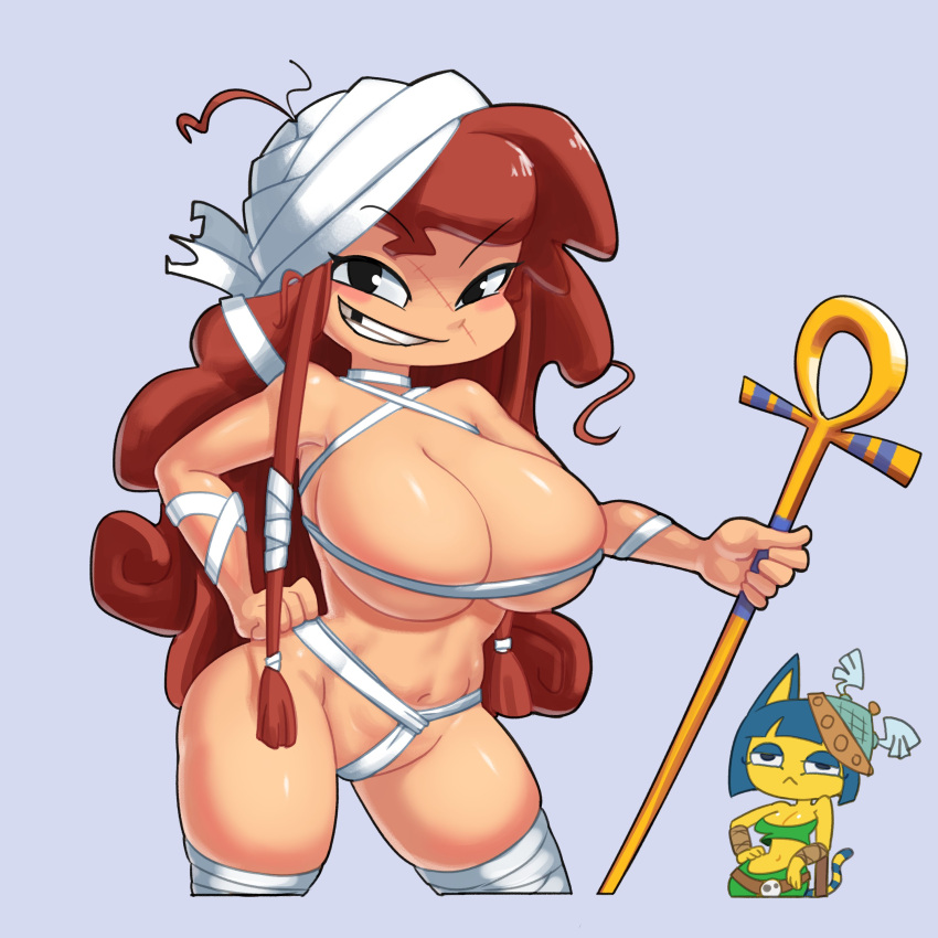 2girls abs animal_crossing ankha anthro barbara_(rayman) breasts cleavage clothes_swap clothing costume_switch crossover female female_only hat huge_breasts human minus8 missing_tooth mostly_nude multiple_girls mummy_costume navel nintendo precarious_clothing rayman_(series) revealing_clothes skimpy solo_focus source_request thick_thighs voluptuous wide_hips year_request