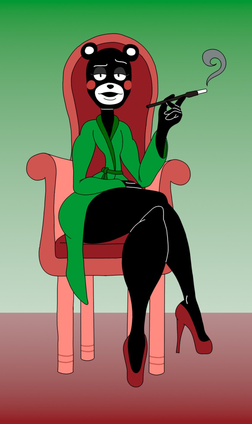 anthro anthro_focus bear big_butt big_thighs black_fur chair cigarette cigarette_holder crossed_legs effeminate femboy gay girly green_robe high_heels kumamon looking_at_viewer male male_focus male_only murontis2001 robe seat seated sitting sitting_on_chair smoking solo solo_focus solo_male twink