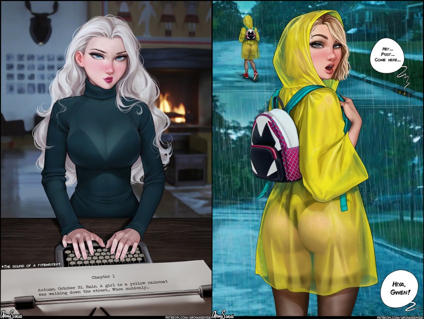 2022 2girls aroma_sensei artist_name ass athletic athletic_female backpack bag big_breasts blonde_hair bra_visible_through_clothes breasts busty casual cleavage clothed clothing comic crossover curvaceous curvy disney elsa_(frozen) english_text eyebrow_piercing eyebrows eyes eyeshadow female frozen_(film) fully_clothed gwen_stacy halloween holidays hourglass_figure human it large_breasts legs light-skinned_female light_skin lips looking_at_viewer looking_back marvel multiple_girls night outdoors outerwear pale_skin parody pennywise public rain raincoat rear_view see-through sheer_clothes sheer_clothing short_hair speech_bubble spider-man_(series) stephen_king text the_shining thick thick_legs thick_thighs thighs upper_body voluptuous wet wide_hips