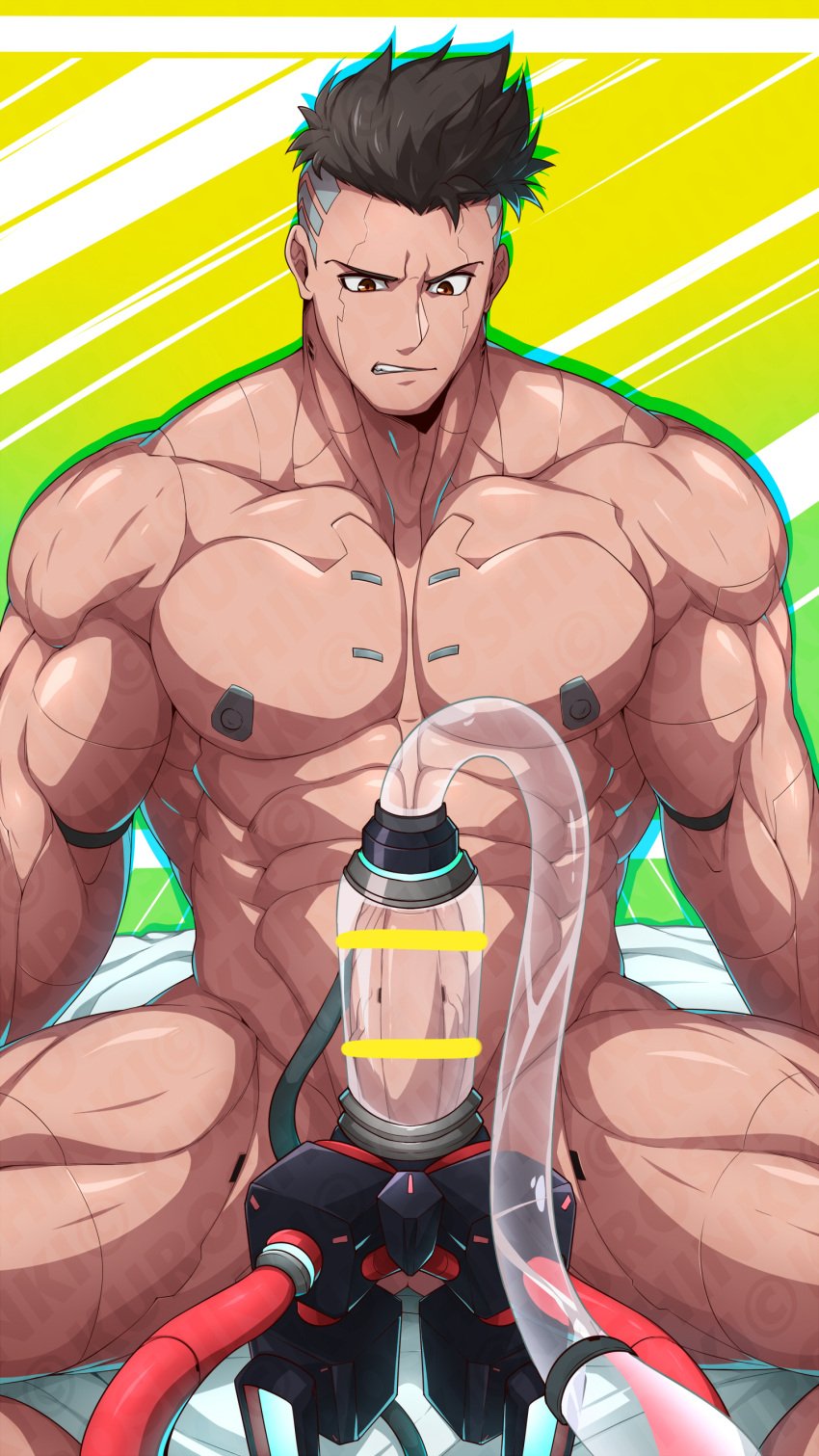 1boy bara cd_projekt_red cybernetics cyberpunk:_edgerunners cyberpunk_2077 david_martinez_(edgerunners) kuroshinki latino male male_only masturbation muscular muscular_male netflix penis_milking penis_milking_machine penis_pump studio_trigger