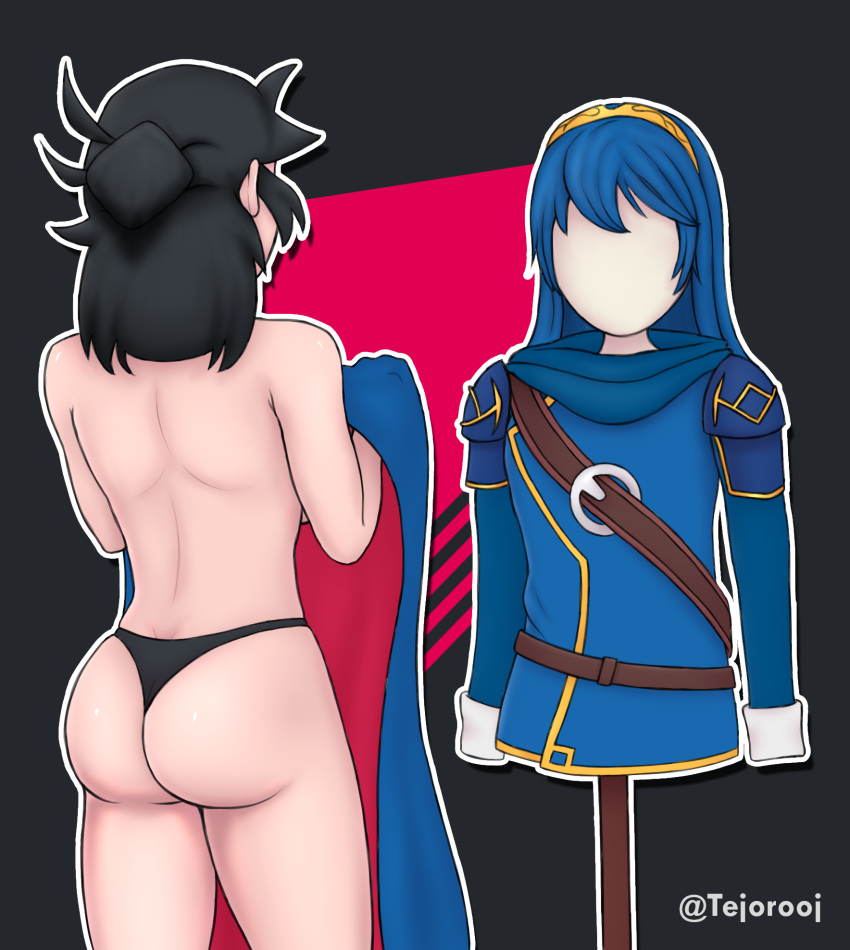 1girls ass back belt big_ass big_butt black_panties blue_hair borrowed_character cape cosplay female female_only fire_emblem fire_emblem_awakening lucia_(scott_malin) lucina_(fire_emblem)_(cosplay) nintendo panties scarf simple_background solo tejorooj thighs tied_hair