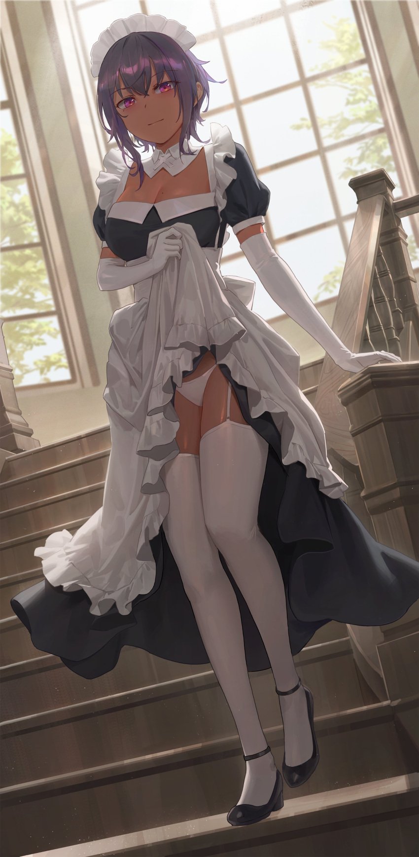 1girls breasts cleavage dark-skinned_female dress_lift elbow_gloves female flashing_panties garter_straps gloves heels hi_res high_heels indoors large_breasts legwear lilith_(saikin_yatotta_maid_ga_ayashii) maid maid_headdress maid_outfit maid_uniform naughty_face panties purple_hair saikin_yatotta_maid_ga_ayashii short_hair skirt_lift smile tan tan-skinned_female tanned_skin thighhighs thighs underwear white_panties yohan1754