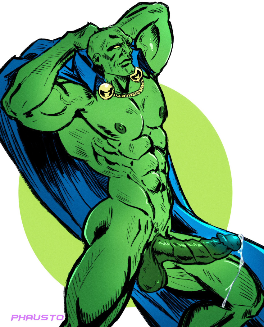 alien armpit arms_behind_head boner cape cape_only dc dc_comics erect_penis erection green_skin hard_on male male_only martian martian_manhunter muscles muscular muscular_male phausto precum precum_drip veiny_penis