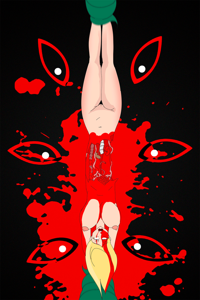 areolae bisected blacksoil blonde_hair blood body_part_ripped_off breasts color corpse death digital_media_(artwork) extreme_content eyes_rolling_back female female_death female_only gore guro guts intestines monster naked navel nipples nude organs pain pussy snuff spine tentacle torture uncensored