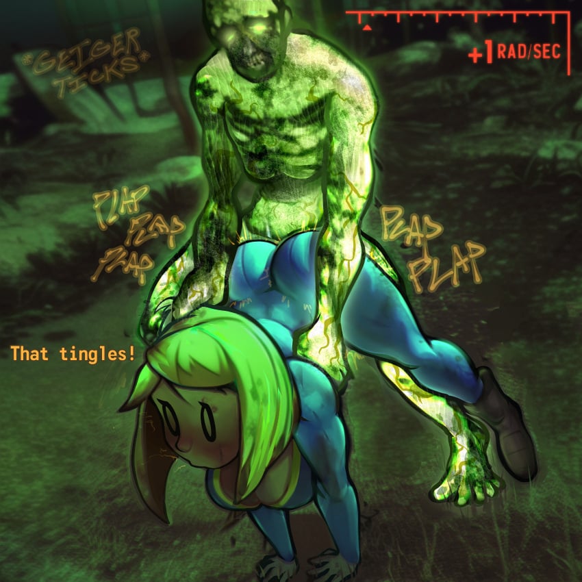 1girls big_breasts blonde_hair bob_cut cfnm clapping_cheeks clothed_female_nude_male english english_text fallout fallout_new_vegas feral_ghoul_(fallout) from_behind gameplay_mechanics glowing glowing_body glowing_one jumpsuit large_breasts male mob_face onomatopoeia radiation radioactive rape short_hair tagme vault_dweller vault_girl vault_meat vault_suit zoquete