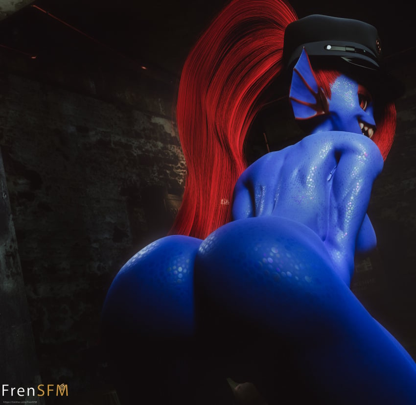 1girls 3d ass athletic athletic_female big_ass blender_(software) blue-skinned_female blue_skin breasts deltarune female female_only fin_ears fins fish_girl fish_humanoid frensfm fuckgirl looking_back monster_girl naked piscine police police_hat police_officer policewoman ponytail red_hair scalie sharp_teeth sideboob smile smiling solo solo_female undertale undertale_(series) undyne undyne_(deltarune) undyne_(wo262) yellow_eyes