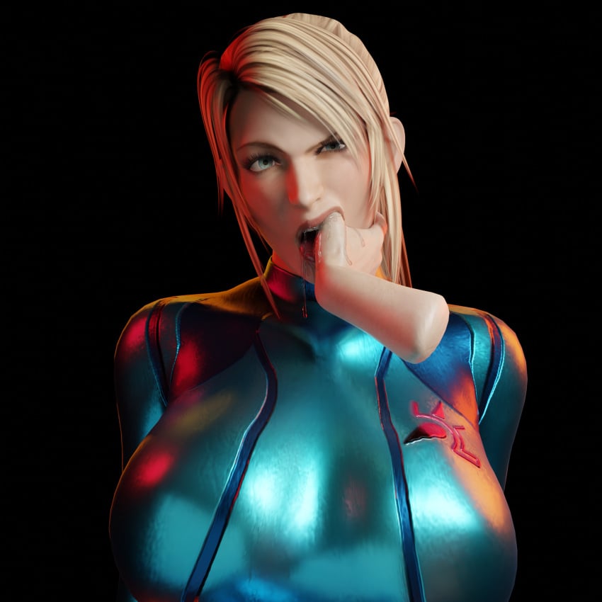 1girls 3d ? annoyed black_background blonde_hair blue_eyes bodysuit breasts disembodied_hand eye_contact eyelashes eyeshadow female finger_in_mouth finger_sucking fingers fingers_in_mouth fishhooking huge_breasts large_breasts lewdality light-skinned_female long_hair long_ponytail looking_at_viewer maledom metroid nintendo oral ponytail pov provocative saliva saliva_drip saliva_string saliva_trail samus_aran sarah_bryant_(model) seductive_eyes seductive_mouth slim sloppy spread_mouth straight teeth teeth_showing thumb_in_mouth thumb_sucking tongue zero_suit_samus