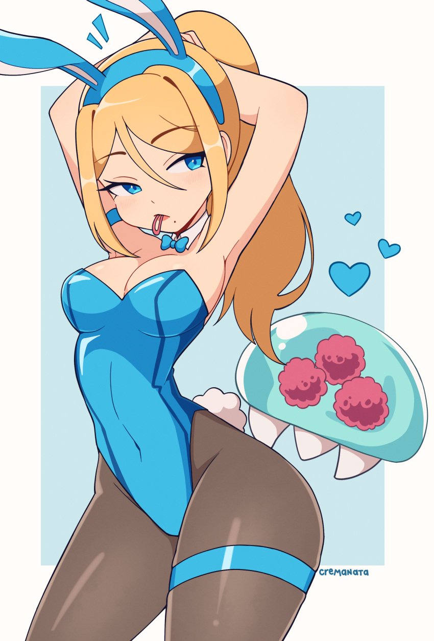 blonde_hair bunny_ears bunnysuit cremanata metroid metroid_(creature) ponytail samus_aran