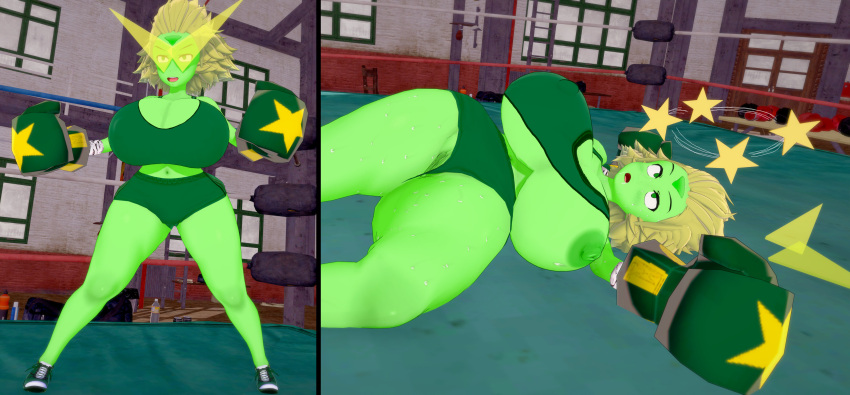 albyon boxing boxing_gloves boxing_ring defeated dizzy gloves green_boxing_gloves green_eyes green_gloves green_skin humiliation instant_loss_2koma knocked_out peridot_(steven_universe) seeing_stars steven_universe