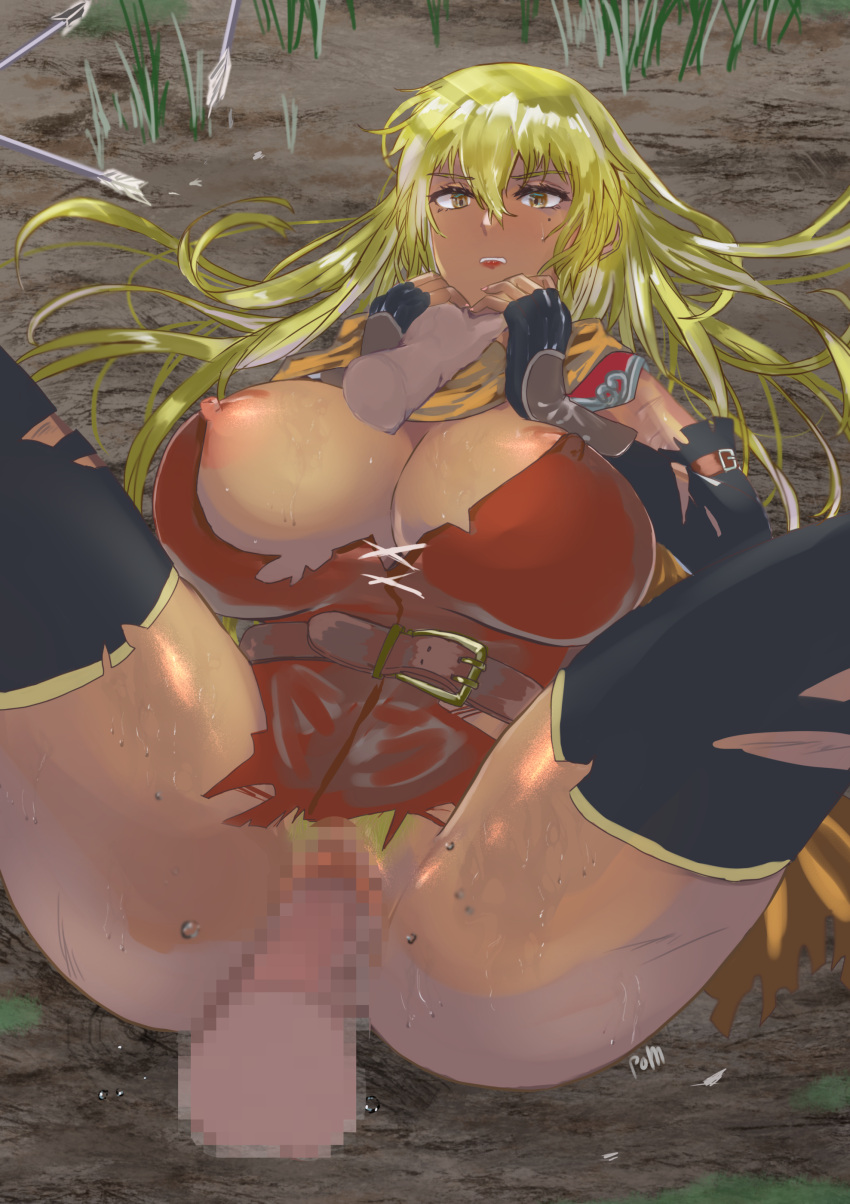 1boy 1girls areolae areolae_slip arrow arrow_(projectile) bare_thighs beauty_mark blonde_hair breasts breasts_out bruise censored cleavage covered_nipples dark-skinned_female dark_skin elbow_gloves female female_focus female_pubic_hair fingerless_gloves fire_emblem fire_emblem:_the_binding_blade gloves grabbing grass huge_breasts igrene_(fire_emblem) long_hair male male_pov mole mole_under_eye nintendo nipples on_back one_breast_out outdoors pomodoro_(po) pov pubic_hair pussy rape rapist_pov scar scarf sex solo_focus spread_legs thick_thighs thighhighs thighs throat_grab torn_clothes vaginal_penetration very_long_hair yellow_eyes