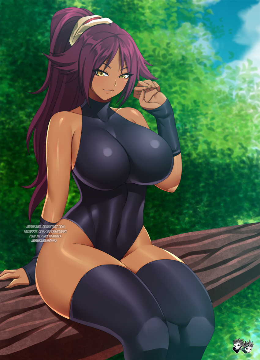 1girls arm_support arm_warmers armwear bare_shoulders bare_thighs big_breasts bleach breasts brown_skin busty cleavage dark-skinned_female dark_skin female female_only fully_clothed huge_breasts jadenkaiba legwear leotard on_tree ponytail revealing_clothes seducing seductive seductive_eyes seductive_look shihouin_yoruichi sitting sitting_on_tree solo solo_focus thighhighs tied_hair tight_clothing tree very_long_hair voluptuous wide_hips