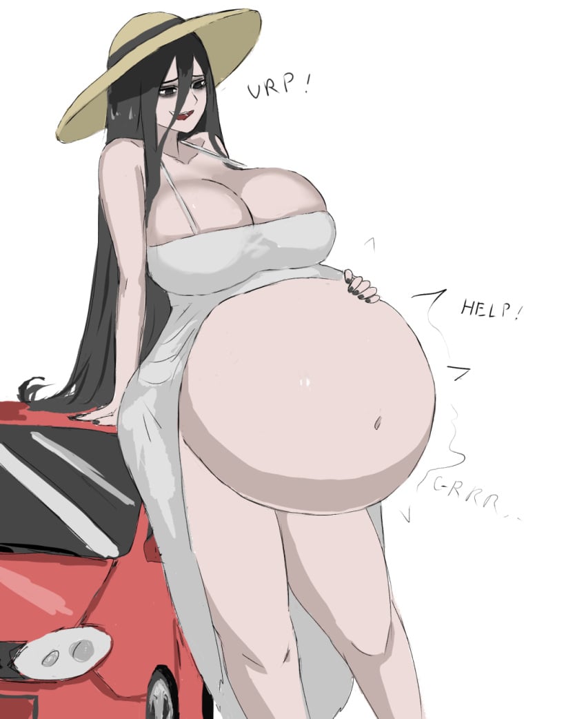 after_vore big_belly big_breasts black_eyes black_hair burping car cleavage dress eyebags ezkerbkun female hasshaku-sama hat implied_vore long_hair milf navel post_vore stomach_bulge tagme tall_female thick_thighs vore wide_hips