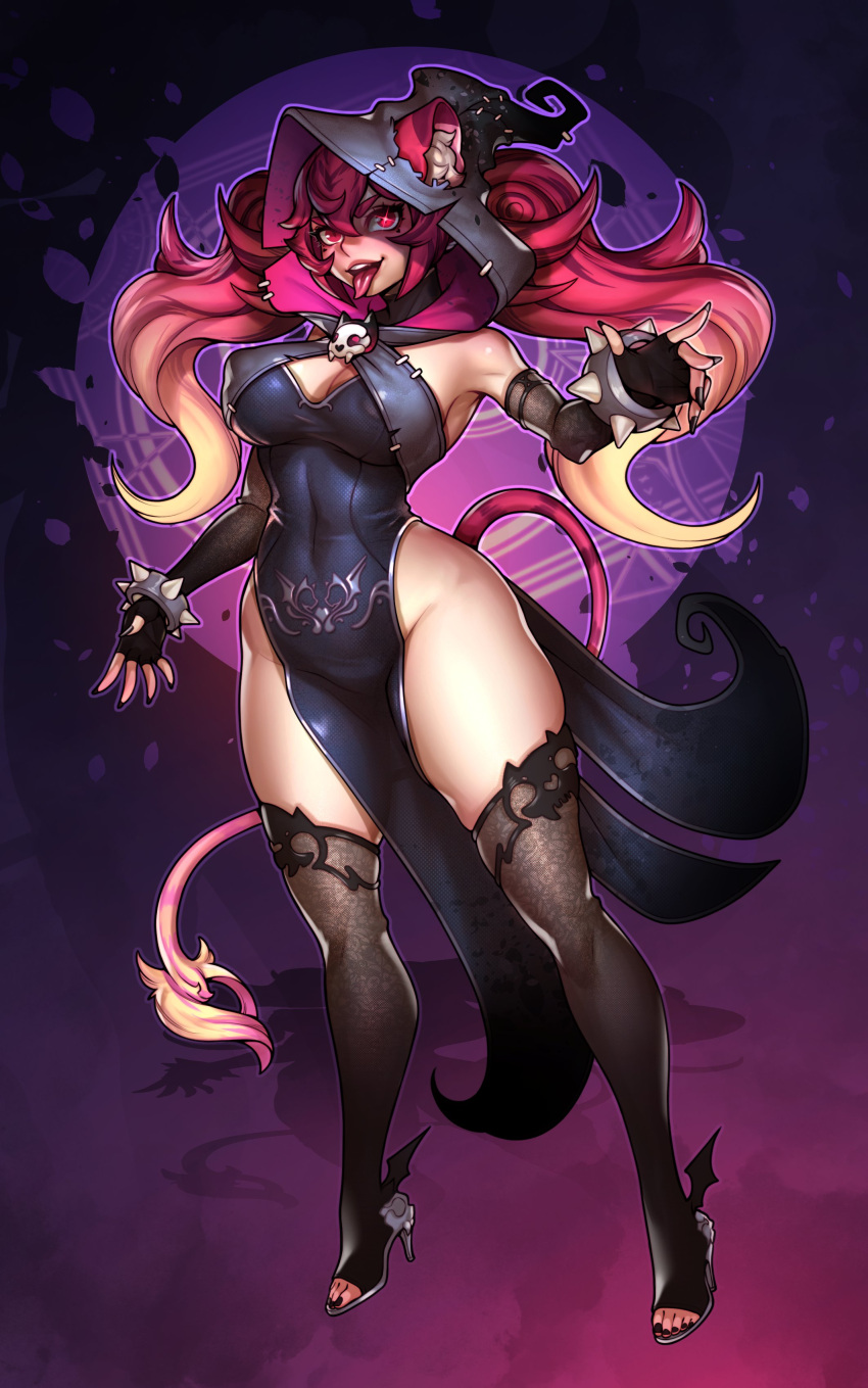 animal_ears bat_wings big_breasts bracelet chilean chimera costume covered_breasts danaphus dominant fingerless_gloves heels hips hot_pink_hair indie_virtual_youtuber latam_virtual_youtuber lion_tail long_hair lunaria_ayaren nails purple_background stockings thick_thighs tongue_out twitch virtual_youtuber vtuber vtuberfanart waist witch witch_hat youtube_hispanic