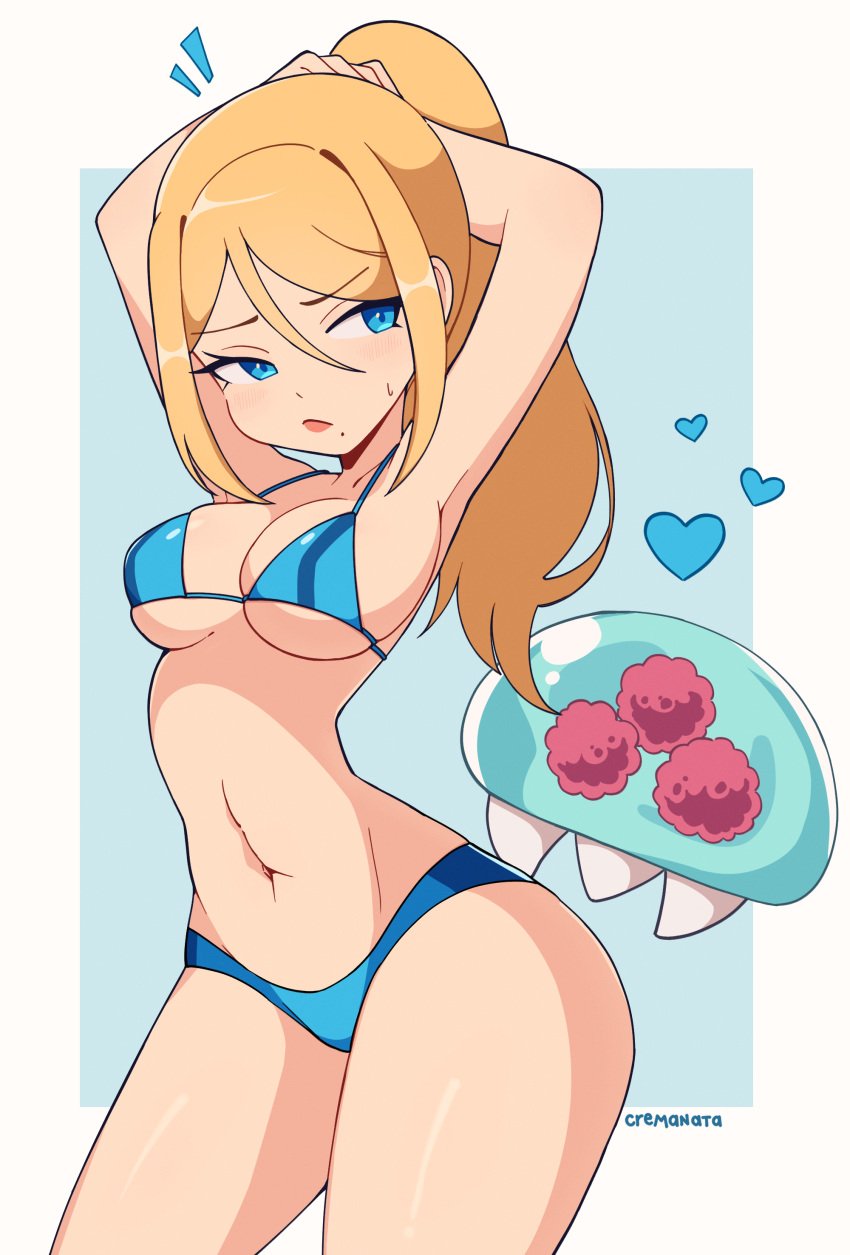 bikini blonde_hair cremanata metroid metroid_(creature) ponytail samus_aran tagme