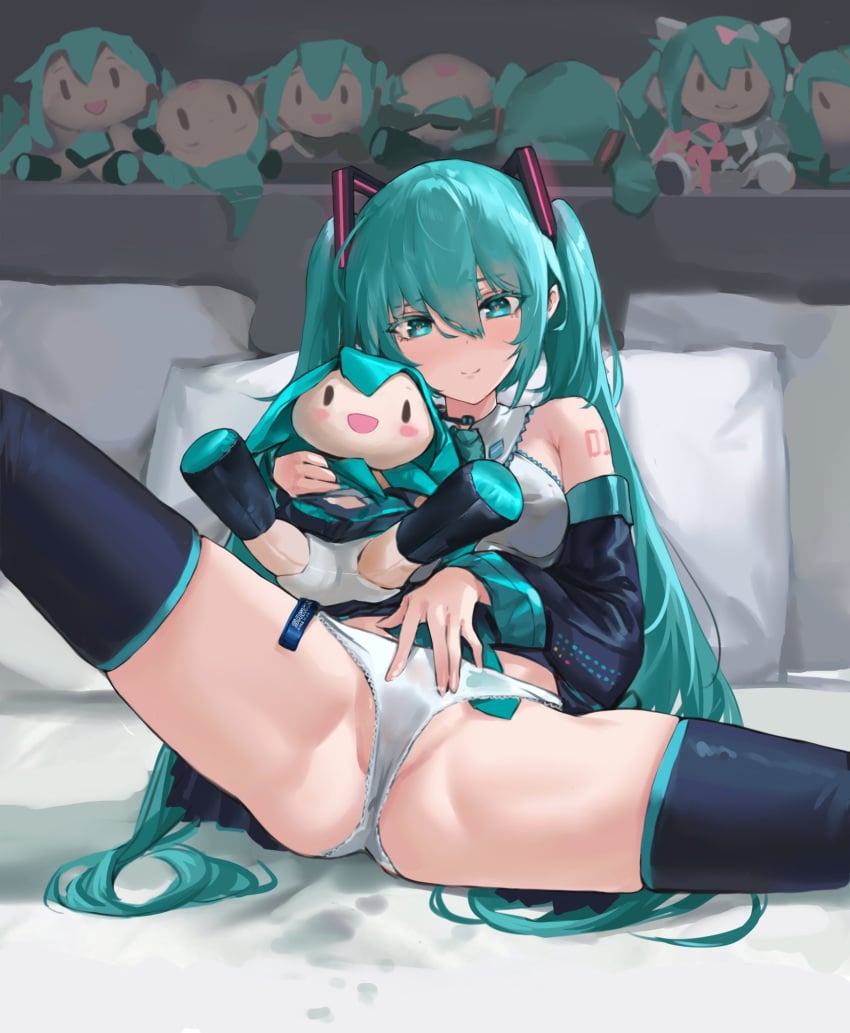 1girls bangs bare_shoulders black_skirt blue_eyes blue_hair blue_necktie blush breasts collared_shirt detached_sleeves female female_only fingering_through_panties hatsune_miku heart heart-shaped_pupils human human_only light_skin long_sleeves mikudayo necktie number_tattoo panties pillow pleated_skirt plushie plushie-like presenting red_tattoo sawkm shirt skirt_up solo tattoo thighhighs twintails vocaloid white_panties white_shirt