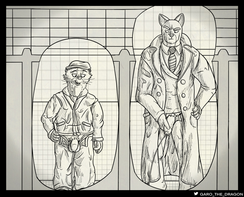 2022 absurd_res balls bathroom blacksad bodily_fluids clothed clothing coat duo felid feline foreskin garo_(artist) genital_fluids genitals hand_on_hip hat headgear headwear hi_res holding_penis john_blacksad kinktober looking_at_another looking_at_genitalia looking_at_penis male male/male mammal monochrome mustela mustelid musteline peeing penis plantigrade pubes public_restroom simple_background size_difference topwear true_musteline urine watersports weekly whiskers