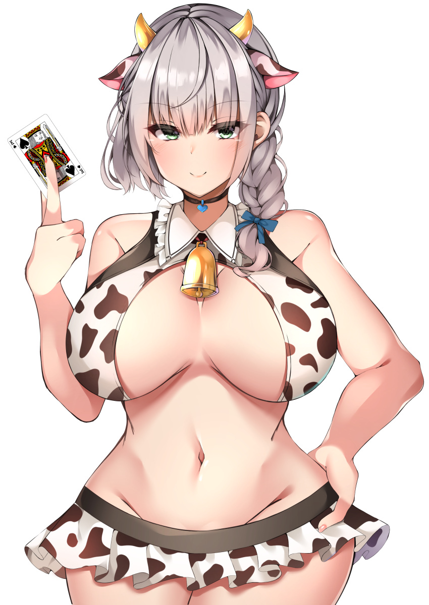 1girls absurdres alternate_version_at_source animal_ears animal_print bangs bare_shoulders bell black_choker blunt_bangs blush braid breasts card choker closed_mouth cow_ears cow_girl cow_horns cow_print cowbell detached_sleeves green_eyes grey_hair groin hand_on_hip heart heart_choker highres holding holding_card hololive hololive_fantasy hololive_japan horns large_breasts looking_at_viewer navel neck_bell playing_card ryochan_(papipopi) shirogane_noel short_hair smile solo underboob virtual_youtuber