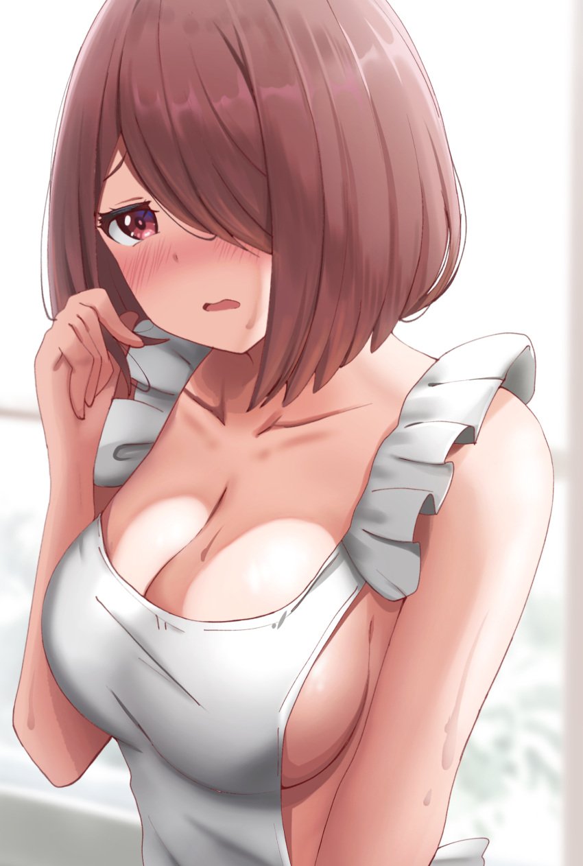 1girls 2022 absurdres apron bangs blush breasts brown_hair cleavage collarbone embarrassed frilled_apron frills hair_over_one_eye hair_twirling highres hoshino_miyako_(wataten) large_breasts light-skinned_female light_skin looking_at_viewer naked_apron open_mouth poa_mellhen red_eyes short_hair sideboob simple_background solo upper_body watashi_ni_tenshi_ga_maiorita! white_apron white_background