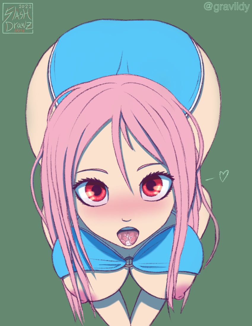 ambiguous_pov ass big_ass big_breasts big_butt blue_bikini blush female_only graviidy human kneeling kuroko's_basketball kuroko_no_basuke long_hair looking_at_viewer momoi_satsuki open_mouth pink_hair pov pov_eye_contact red_eyes simple_background solo_female tongue watermark