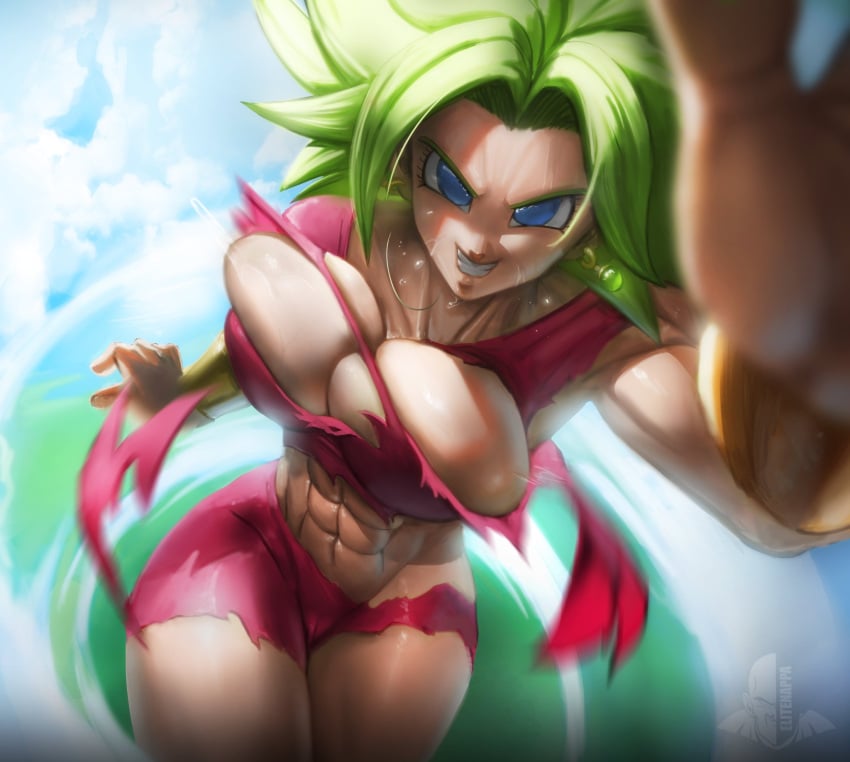 abs armguard big_breasts blue_eyes dragon_ball dragon_ball_super earrings elitenappa female female_saiyan fighting green_hair kefla legendary_super_saiyan looking_at_viewer muscular_female saiyan sky smiling super_saiyan super_saiyan_2 sweat thick_thighs torn_clothes torn_clothing white_skin