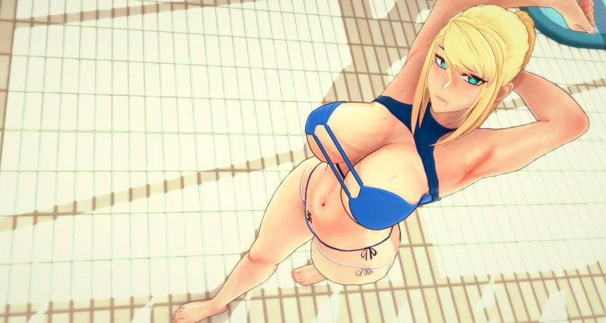 1girls big_breasts bikini bleachedartoria blonde_hair breasts busty female female_only huge_breasts koikatsu large_breasts metroid navel nazi ponytail samus_aran swastika swimming_pool swimsuit thick_thighs thighs turquoise_eyes voluptuous