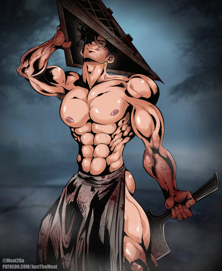 bulge conner_kent dc dc_comics halloween halloween_costume justthemeat/meat2go knife licking_lips loincloth looking_at_viewer male male_only muscles muscular muscular_male pyramid_head_(cosplay) silent_hill superboy superboy_(conner_kent) superman_(series)