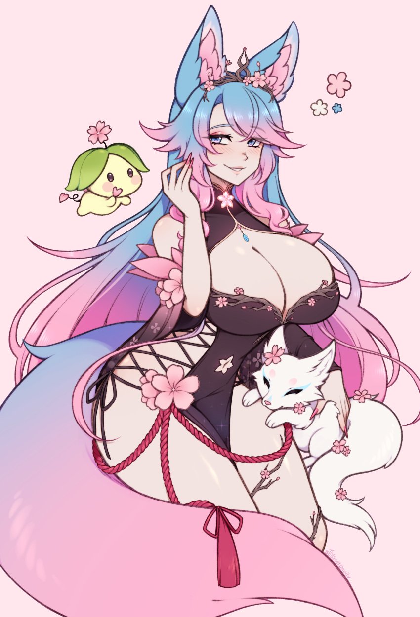 1girls blue_eyes blue_hair blush cleavage female female_only highres indie_virtual_youtuber large_breasts long_hair looking_at_viewer narrowed_eyes pink_hair silvervale smiling smiling_at_viewer solo tail thescarletdevil thunder_thighs two_tone_hair virtual_youtuber vshojo wolf_ears wolf_girl wolf_tail