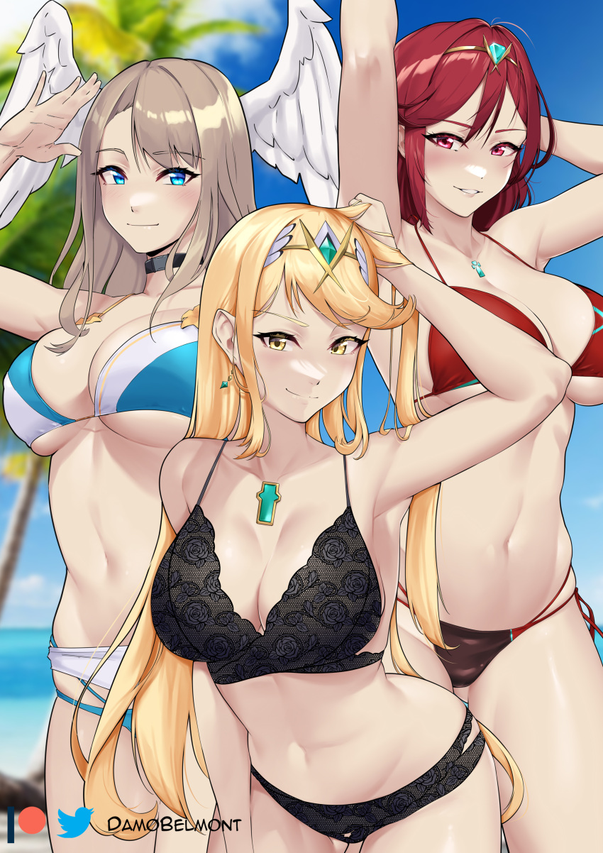 3girls arm_up arms_behind_head bangs bare_arms bare_shoulders big_breasts bikini black_bra black_choker black_panties blonde_hair blue_bikini blue_eyes blue_sky blush bra breasts brown_hair busty choker cleavage core_crystal cowboy_shot damodar day eunie_(xenoblade) female female_only grin head_wings hi_res large_breasts long_hair looking_at_viewer multi-strapped_bikini multiple_girls mythra navel official_alternate_costume outdoors panties parted_lips posing pyra red_bikini red_eyes red_hair sarong sexy_armpits sky smile standing stomach swimsuit thighs underwear underwear_only voluptuous wings wings_on_head xenoblade_(series) xenoblade_chronicles_2 xenoblade_chronicles_3 yellow_eyes