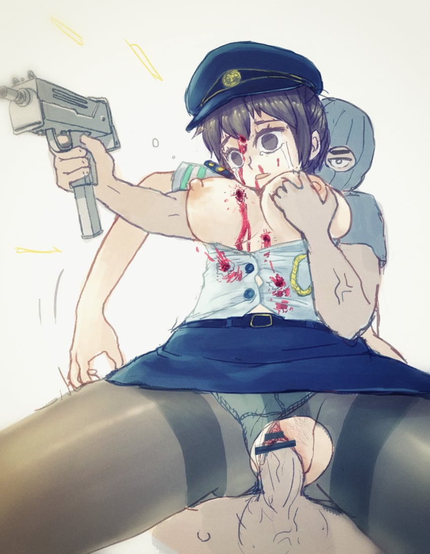 1boy 1girls big_breasts blood breast_grab breasts_out brown_hair censored corpse cyp_tw dead death female_death gore gun guro human_shield necrophilia pantyhose police_uniform policewoman ryona short_hair shot snuff stockings vaginal_penetration