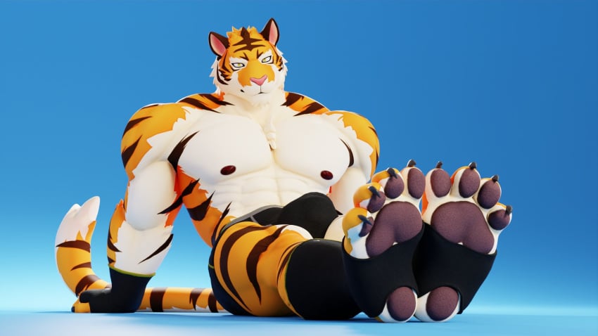 1080p 16:9 1920x1080 2022 3d_(artwork) 4_toes abs anthro barazoku biceps big_bulge big_muscles black_nipples black_stripes blue_background broad_shoulders bulge claws clothed clothing connivingrat deltoids digital_media_(artwork) dipstick_tail erection erection_under_clothing feet felid fingerless_gloves foot_fetish footwear fur gloves green_eyes handwear hi_res huge_muscles long_tail looking_at_viewer male male_only mammal muscular muscular_anthro muscular_male nipples orange_fur pantherine paw_pads pawpads paws pecs serratus_anterior simple_background sitting sitting_on_floor smile soles solo stead_(connivingrat striped_tail stripes tail tiger tiger_ears tiger_print tiger_tail toe_pads toeless_footwear topless topless_anthro topless_male trapezius tuft underwear wallpaper wide_shoulders yellow_fur