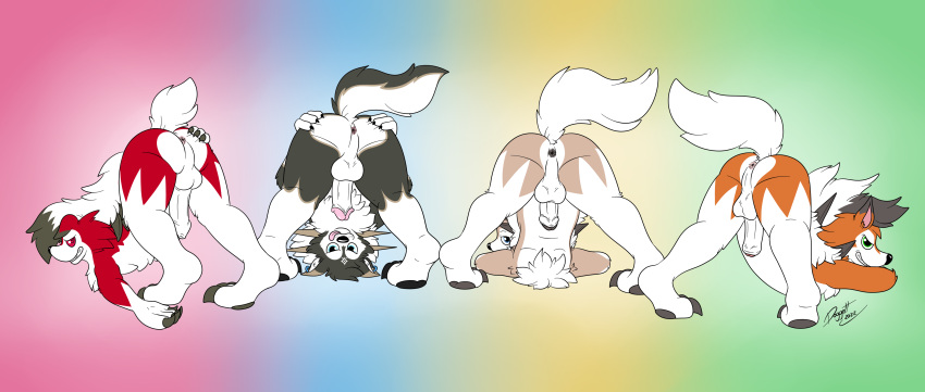 absurd_res anus ass balls dogget_(doggettdouglasmcdog) doggettdouglasmcdog dusk_lycanroc generation_7_pokemon genitals group hand_on_butt hi_res jack-o'_pose looking_at_viewer looking_back lycanroc male midday_lycanroc midnight_lycanroc nintendo penis pokemon pokemon_(species) pose smile spikes teeth the_legend_of_zelda twilight_princess video_games wolf_link