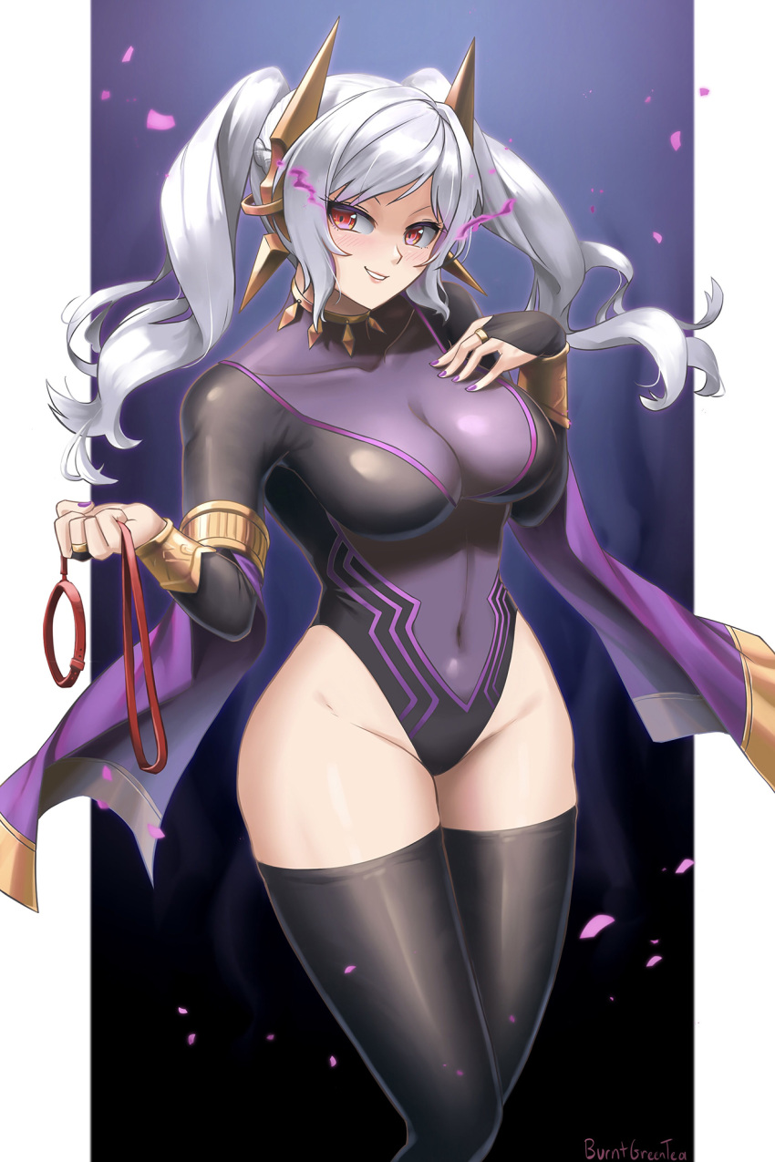 1girls alternate_costume athletic_leotard bare_thighs big_breasts blush bodystocking bodysuit breasts bridal_gauntlets burnt_green_tea cleavage collar dark_persona evil evil_grin evil_smile femdom fire_emblem fire_emblem_awakening fire_emblem_heroes grima_(fire_emblem) hand_on_breast hand_on_own_chest highres holding holding_leash large_breasts leash leotard lips long_hair long_sleeves looking_at_viewer magic navel nintendo official_alternate_costume open_mouth purple_nails red_eyes robin_(female)_(fell_tactician)_(fire_emblem) robin_(fire_emblem) robin_(fire_emblem)_(female) simple_background skin_tight smile solo spiked_collar spikes thighhighs thighs tight_clothing twintails white_hair wide_hips