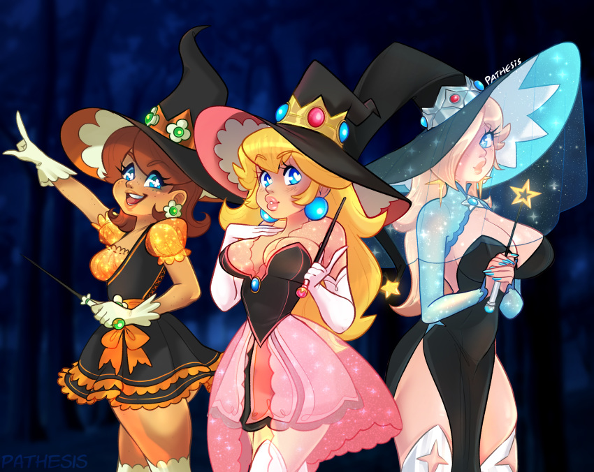 3girls armwear clothed clothing costume coven dress female female_only halloween halloween_costume handwear headwear human legwear mario_(series) multiple_girls nintendo pale_skin pathesis pathesisnsfw princess princess_daisy princess_peach princess_rosalina standing witch witch_costume witch_hat