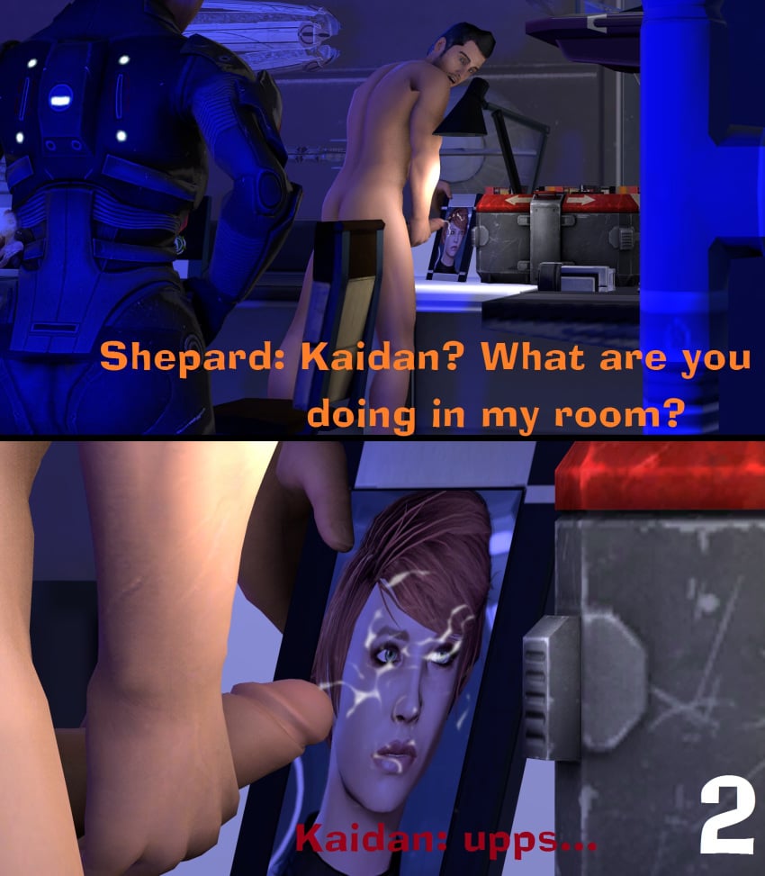 1boy 3d 3d_(artwork) caught caught_masturbating cum cum_tribute dialogue english_text kaidan_alenko kelly_chambers knogg male male_focus male_only mass_effect mass_effect_2 mass_effect_3 masturbating masturbating_to_person masturbating_to_photo masturbation nude nude_male penis photo_(object) picture_frame tagme text