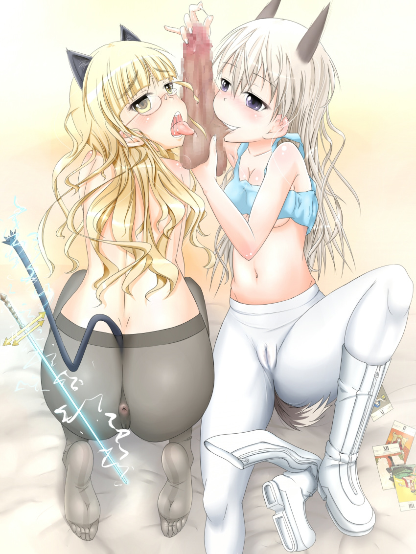 1boy 2girls 94plum blonde_hair blush censored collaborative_fellatio eila_ilmatar_juutilainen fellatio glasses hair highres multiple_girls oral pantyhose penis_biting perrine_h_clostermann small_breasts strike_witches teamwork threesome yellow_eyes