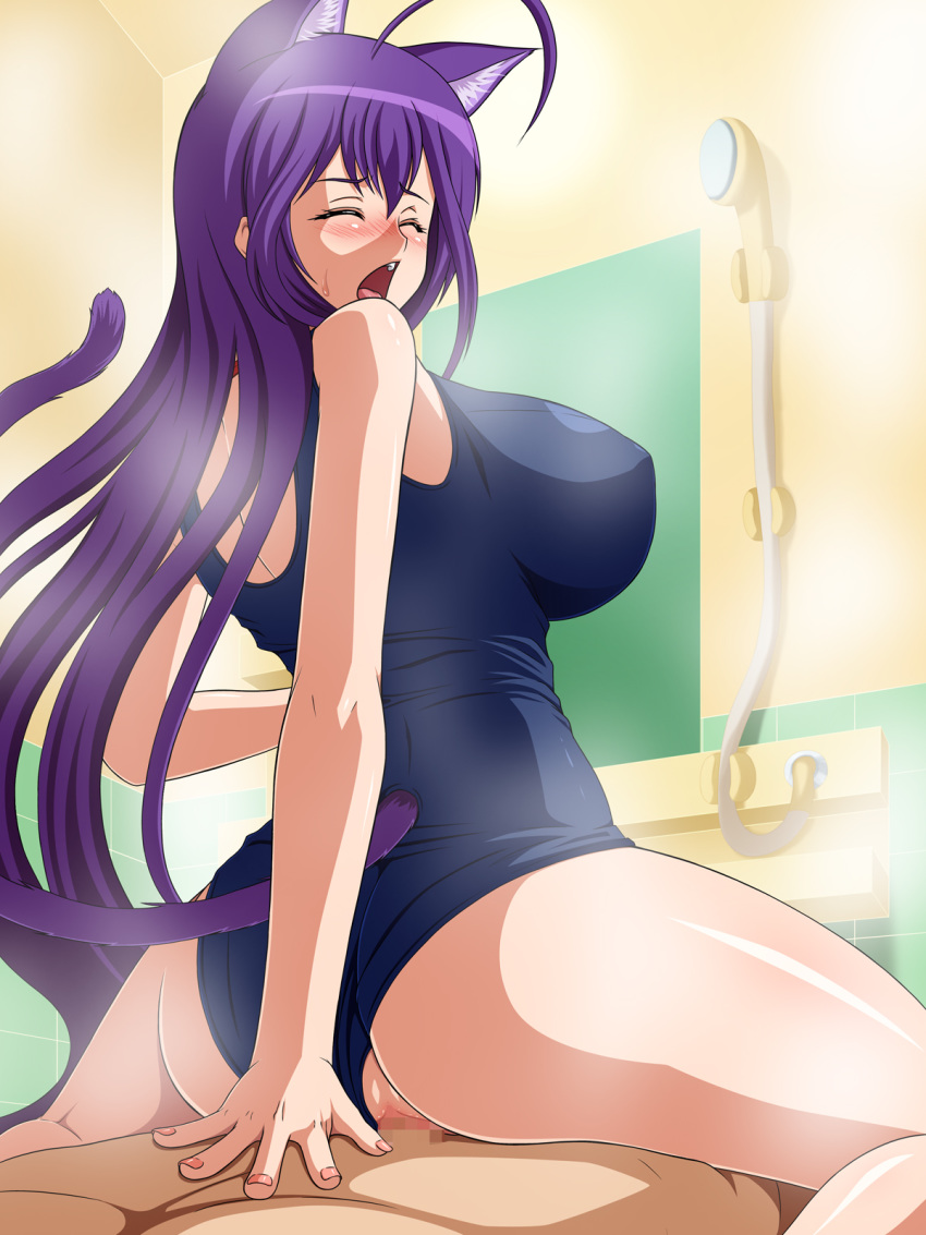 animal_ears areola areolae backboob bent_over bodysuit breasts cat_ears cat_planet_cuties catgirl censored cowgirl_position fake_real fur hair highres huge_breasts kuune one-piece_swimsuit pov purple_eyes purple_hair school_swimsuit sex sideboob swimsuit swimsuit_aside tomite vaginal_penetration