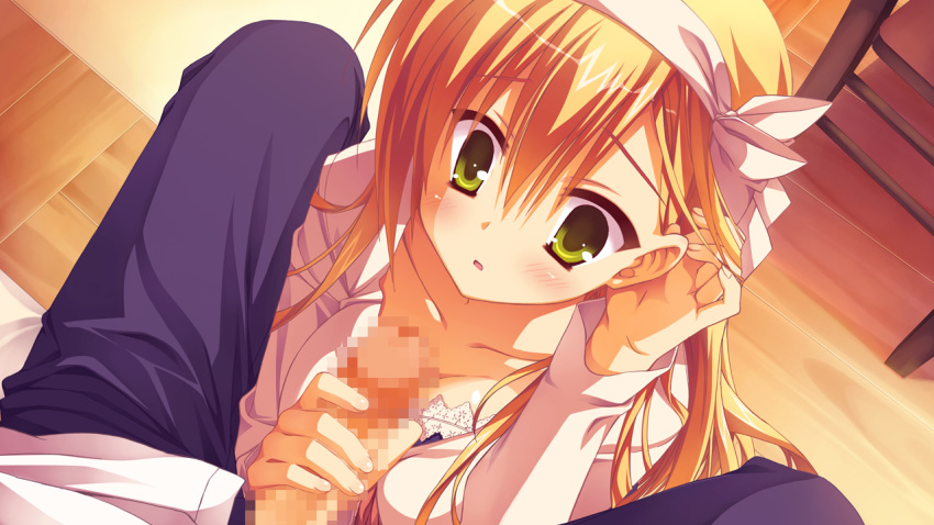 blonde_hair blush censored game_cg green_eyes kanemoto_akari kobuichi noble_works penis