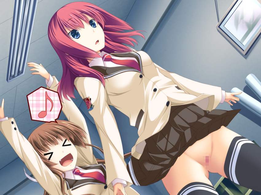 brown_hair censored futsu_janai game_cg himesawa_sayaka nopan pussy red_eyes sakurazaki_kotoko seifuku skirt skirt_lift thighhighs