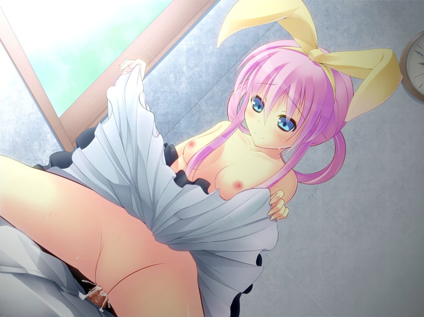 1boy 1girls blue_eyes bow breasts censored clothing kuroneko_shiro nipples penis pink_hair pussy ribbons sex sherlock_shellingford straight tantei_opera_milky_holmes topless