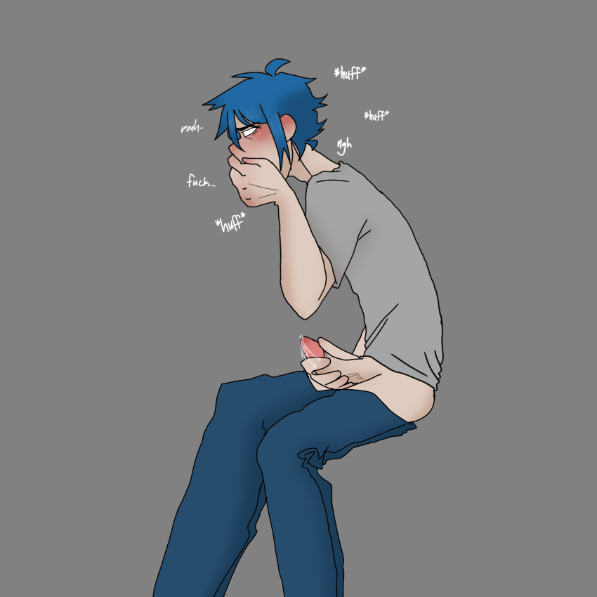 2d_(gorillaz) blue_hair clothing covering_mouth gorillaz male_focus male_moaning male_only masturbating masturbation moaning pretty_boy simple_background solo_male stuart_pot tagme white_eyes yaoi